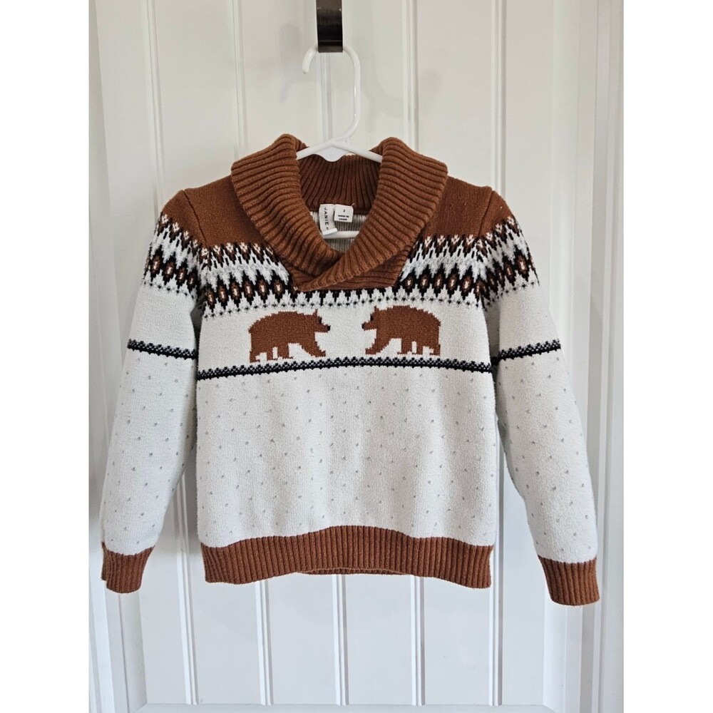 Janie & Jack Shawl Collar Bear Fair Isle Sweater - Brown & Cream
